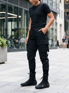 Techwear inspired outfit: Pair with tapered black cargo pants featuring utility straps and multi-pockets, a tactical vest layered over a long-line compression shirt, and a waterproof shell jacket to lean into the futuristic, urban vibe.