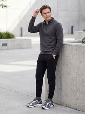 Combine with black tapered joggers and a matching charcoal performance quarter-zip for a sleek, cohesive athleisure ensemble.