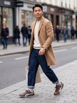 Relaxed-fit dark indigo denim jeans with a rolled cuff, paired with a cream-colored knit sweater and a tan overcoat for a sophisticated casual look.
