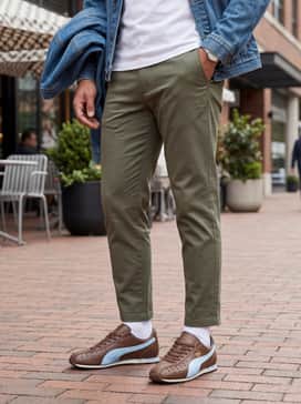 Tapered olive green cargo pants and a crisp white t-shirt, topped with a light blue denim jacket that echoes the shoe's accent color.