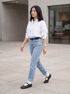Stan Smith Lo Ballet – High-waisted, light-wash straight-leg jeans paired with a tucked-in oversized white poplin shirt and a black leather belt.