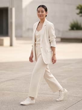Stan Smith Lo Pro Shoes – A monochromatic ensemble featuring cream wide-leg tailored trousers, a matching oversized linen blazer, and a simple silk camisole for a sophisticated tonal look.