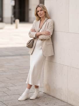 A sleek black midi slip dress layered under an oversized denim jacket, accessorized with a small crossbody leather bag for a balanced high-low outfit.