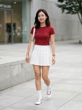 A pleated white mini skirt paired with a fitted red baby tee and white crew socks for a sporty-prep look.