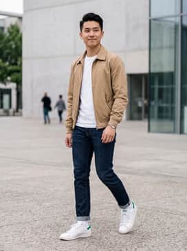 Dark indigo slim-fit denim jeans with a single cuff, a tucked-in premium white cotton t-shirt, and a classic tan Harrington jacket for a sharp, mid-century inspired look.