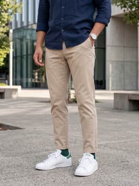 Tailored beige chino shorts, a navy blue pique polo shirt with white tipping, and no-show socks to maintain a clean line, perfect for a summer afternoon.