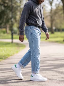 Relaxed-fit light wash vintage denim, a heavy-weight grey melange hoodie layered under a long black wool overcoat for a high-low streetwear aesthetic.