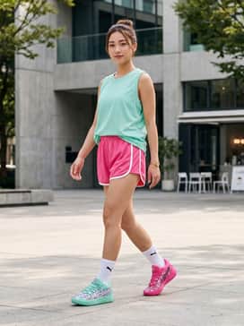 A performance-driven look featuring a mint green mesh basketball jersey tucked into high-waisted hot pink athletic shorts, finished with white crew socks to make the mismatched colors pop.
