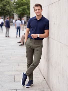 Tapered olive cargo pants and a simple navy piqué polo shirt, accessorized with a minimalist silver watch for a rugged yet clean aesthetic.