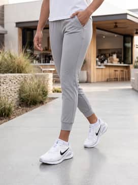 Grey tapered athletic joggers and a white ribbed seamless long-sleeve tee topped with a quilted black puffer vest for a crisp morning walk.