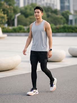 A high-performance look featuring black compression tights worn under grey moisture-wicking technical shorts, paired with a bright orange running singlet to highlight the shoe's accent stripe.