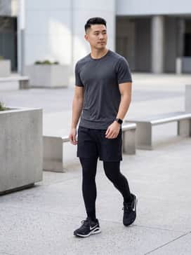 A high-performance ensemble featuring black compression leggings, a charcoal grey moisture-wicking tech tee, and a lightweight, breathable black running jacket for early morning miles.
