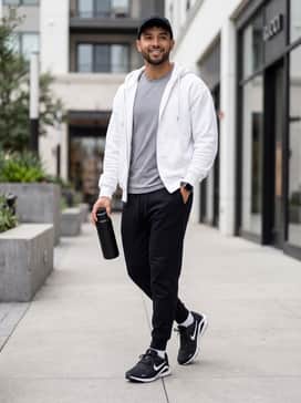 A modern athleisure look consisting of tapered black tech fleece joggers, a clean white oversized hoodie, and a sleek black baseball cap for a relaxed weekend vibe.