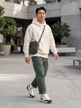 Style Rider Mix – Relaxed-fit ripstop cargo pants in olive green, paired with a heavyweight cream-colored oversized hoodie and a technical canvas crossbody bag for a utilitarian urban look.