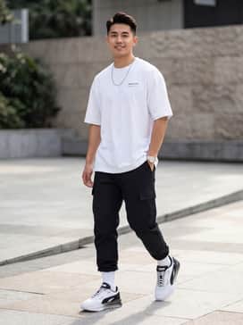 Black tapered cargo pants paired with a crisp white oversized graphic tee and a silver chain necklace to mirror the shoe's metallic details.