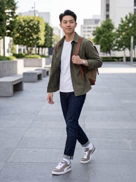 Dark indigo slim-fit jeans rolled at the cuff, a crisp white organic cotton t-shirt, and an unbuttoned olive green overshirt.
