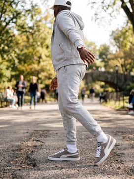 Light grey tapered joggers, a matching grey zip-up hoodie, and a white structured baseball cap for a clean and cohesive athleisure style.