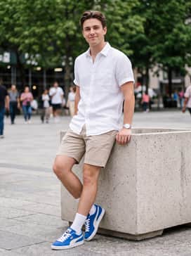 Combine with beige chino shorts and a white short-sleeve linen button-down shirt for a clean, breezy summer ensemble.