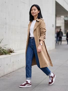 High-waisted straight-leg indigo jeans, a tucked-in white organic cotton t-shirt, and a tan trench coat for a timeless urban look.