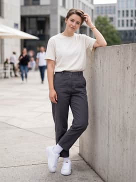 A pair of charcoal grey high-waisted joggers with a matching cropped hoodie and white crew socks pulled over the hem to highlight the chunky silhouette.
