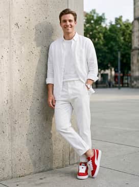 A monochromatic white outfit consisting of relaxed-fit chinos and a crisp white button-down to make the red shoes the ultimate focal point.