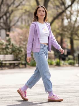 Baggy light-wash denim jeans paired with a cropped white graphic baby tee and a lavender zip-up hoodie for a complete Y2K-inspired streetwear look.