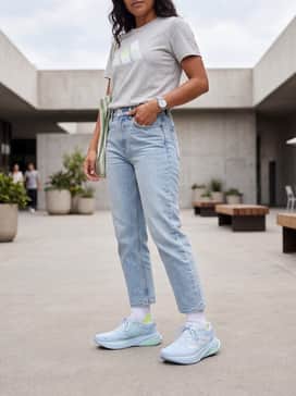 Supernova Prima 2 Running Shoes – Light-wash cropped slim jeans with a tucked-in oversized graphic tee and a lime green baseball cap to highlight the shoe's neon accents.