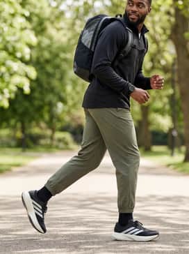 Tapered olive green track pants paired with a black quarter-zip pullover and a sleek technical backpack for a comfortable yet put-together post-gym errand outfit.