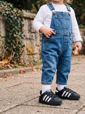 Classic blue denim overalls worn over a simple white long-sleeve tee for a timeless and practical ensemble for active play.