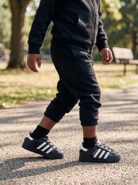 Black joggers and a matching athletic zip-up tracksuit top for a sporty coordinated aesthetic that is perfect for family outings.