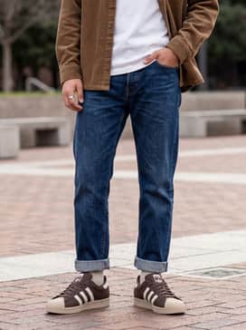 Style with relaxed-fit raw indigo denim jeans cuffed at the ankle, a crisp white heavyweight graphic tee, and a tan corduroy shirt-jacket.