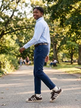 Elevate the sneakers with navy blue slim-fit chinos, a light blue button-down oxford shirt tucked in, and a dark brown leather belt to mirror the shoe's upper.