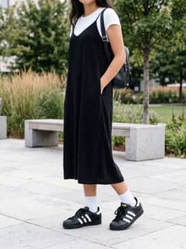 A black midi-length slip dress worn over a fitted white t-shirt, accessorized with a small leather backpack for a 90s-inspired urban vibe.