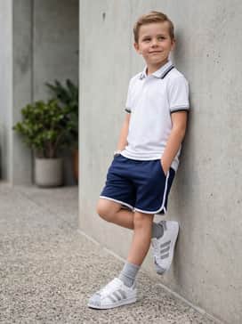 Superstar Ii X Minecraft Shoes Kids – Go for a sporty vibe with navy blue athletic shorts and a white moisture-wicking polo shirt for active playground sessions.
