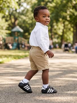 Superstar Shoes – Khaki chino shorts combined with a crisp white button-down shirt for a smart-casual toddler outfit.