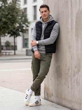 Olive green cargo trousers, a heather grey hoodie, and a black puffer vest for a functional, layered urban aesthetic.