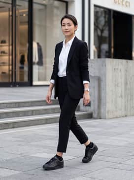 Superstar Vintage Shoes – Style with cropped black cigarette pants, a crisp white button-down shirt tucked in, and a black tailored blazer for a chic 'power casual' office look.