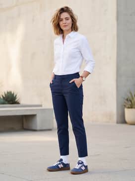For a clean masculine look, wear them with tapered navy chinos, a crisp white button-down shirt, and a brown leather watch that complements the gum sole.