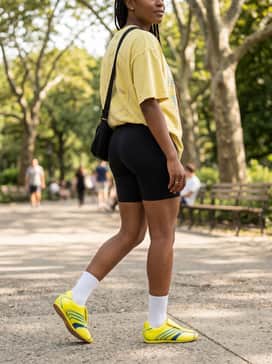 Taekwondo F50 Shoes – A sporty summer aesthetic pairing charcoal grey biker shorts with an oversized boxy graphic t-shirt in a matching shade of yellow, finished with a sleek black nylon crossbody bag.
