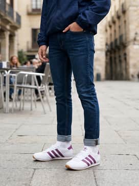 Taekwondo Lace Shoes Kids – A classic school day outfit with cuffed slim-fit denim jeans, a crisp white polo shirt, and a navy blue windbreaker.