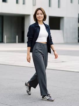 High-waisted charcoal wide-leg trousers paired with a fitted white cropped baby tee to balance the shoe's sleek, low-profile silhouette.