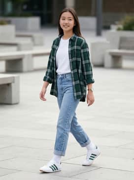 Straight-leg light-wash denim jeans paired with a cropped white ribbed tank top and an oversized green flannel shirt worn open.