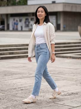 Taekwondo Mei Elite Shoes – High-waisted straight-leg denim in a light wash paired with a tucked-in ribbed white tank top and an unbuttoned cream linen shirt for a clean, effortless look.