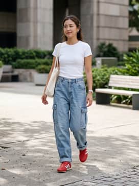 Pair these slim sneakers with oversized, light-wash cargo pants and a white ribbed baby tee for a balanced, Y2K-inspired streetwear silhouette.