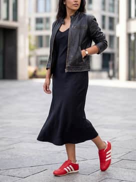 Taekwondo Shoes – Combine them with a sleek black midi slip dress and a vintage leather racing jacket to blend feminine and sporty elements for an edgy night out.