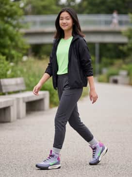Tapered charcoal grey cargo joggers paired with a neon green moisture-wicking graphic tee and a lightweight black windbreaker.