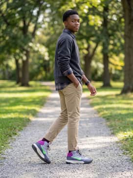 Terrascout – Relaxed-fit khaki chinos paired with a dark grey crewneck sweatshirt and a flannel shirt in tones that mirror the shoe's accents.