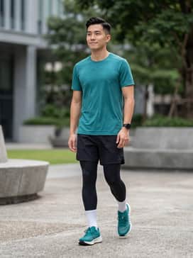 Terrex Agravic Speed Trail Running Shoes – A high-performance look featuring black moisture-wicking running shorts, a matching teal technical tee, and white compression socks for a cohesive athletic vibe.
