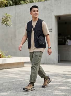 A Gorpcore-inspired look featuring olive green technical cargo trousers with multiple pockets, a boxy beige heavyweight cotton graphic tee, and a black lightweight utility vest for a functional layered aesthetic.