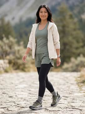 A technical hiking ensemble featuring high-waisted black compression leggings, a moisture-wicking sage green racerback tank, and a lightweight cream-colored windbreaker.